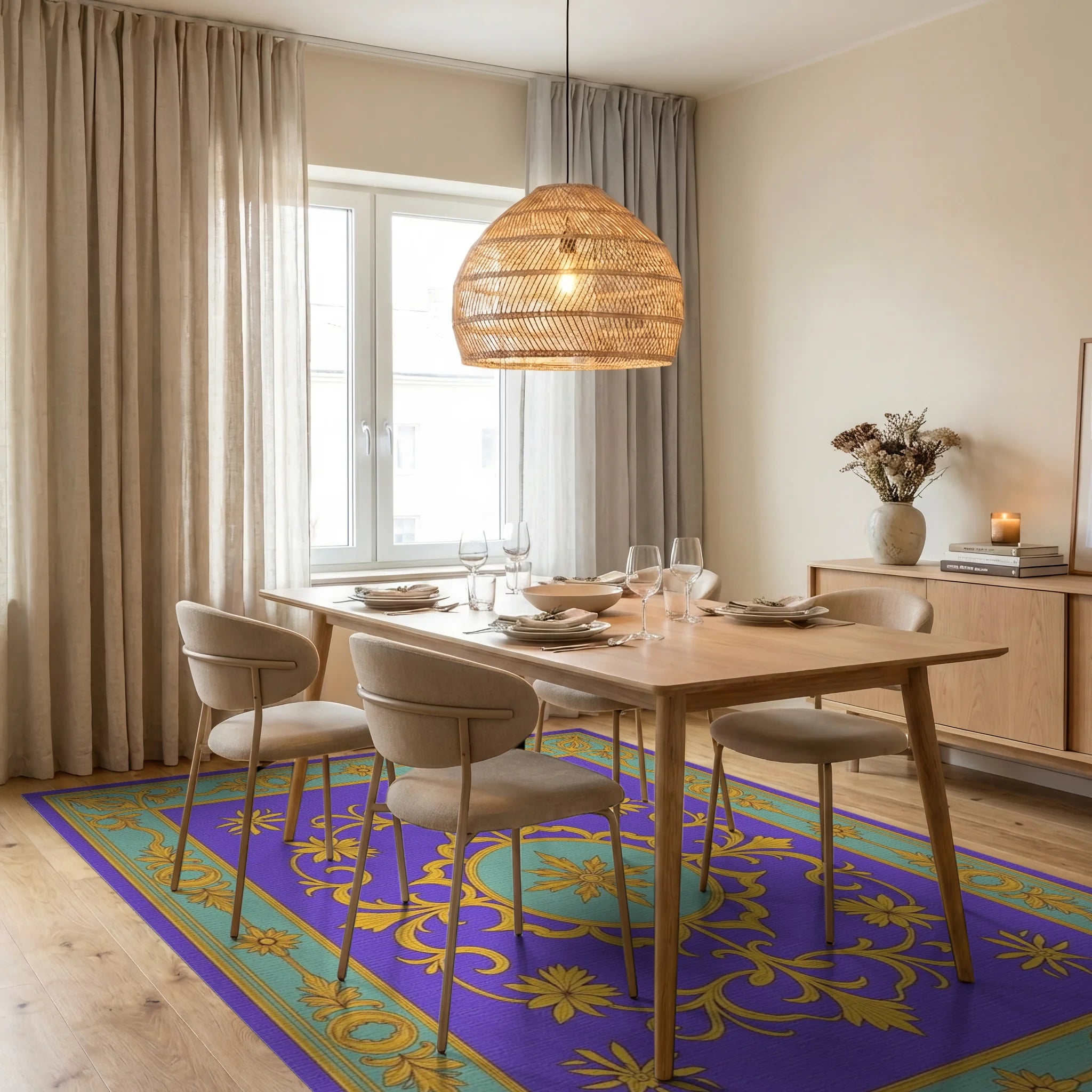 Ornate Gold Floral Medallion Purple Rug - Dining Room View