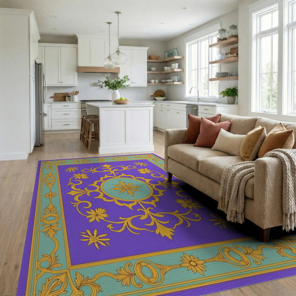 Ornate Gold Floral Medallion Purple Rug - Living Room View
