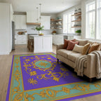 Ornate Gold Floral Medallion Purple Rug - Living Room View