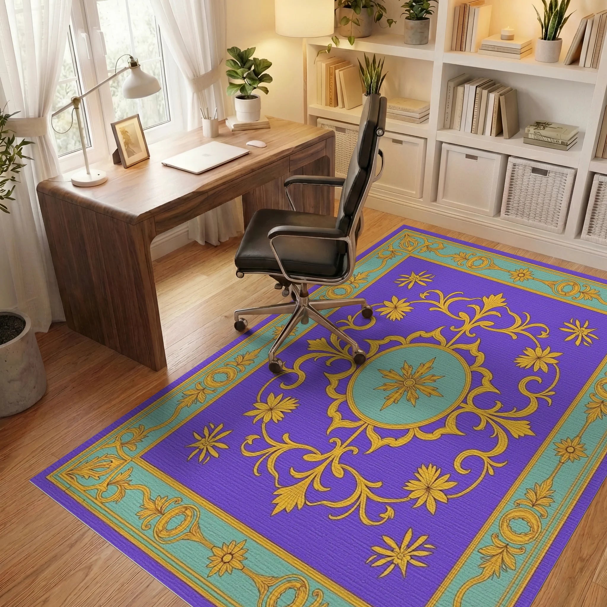 Ornate Gold Floral Medallion Purple Rug - Office View