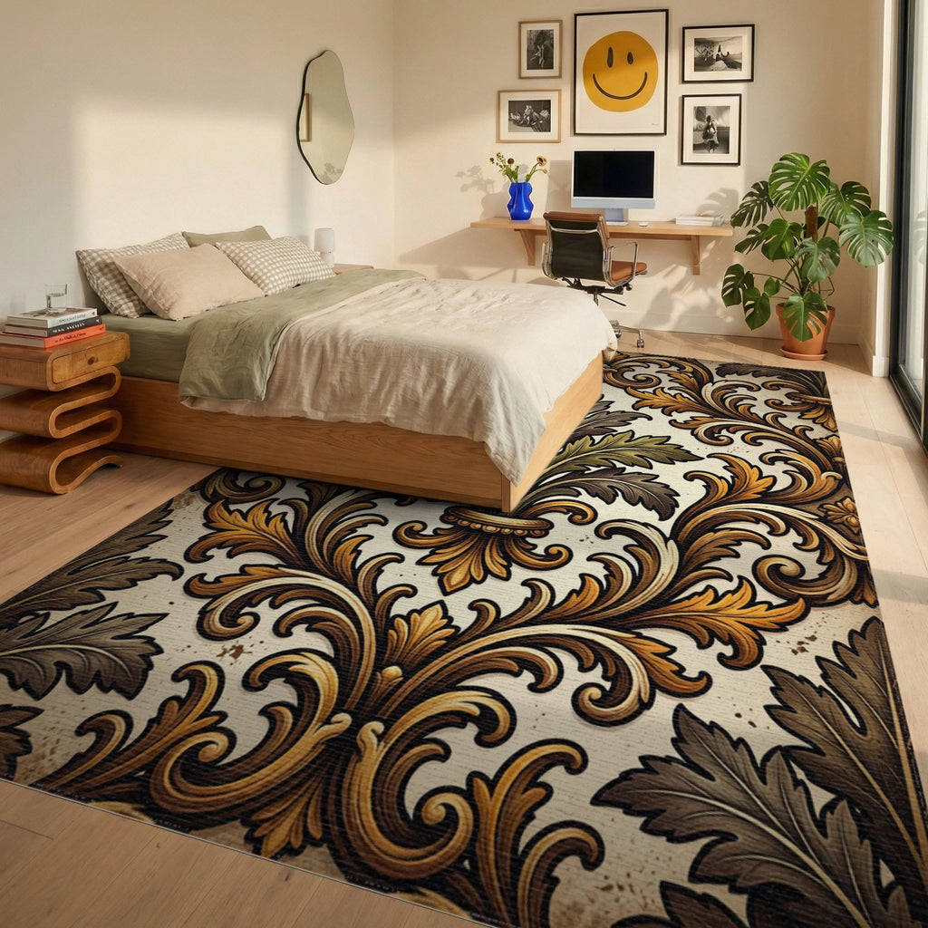 Ornate Gold Leaf Acanthus Scroll Rug Bedroom View