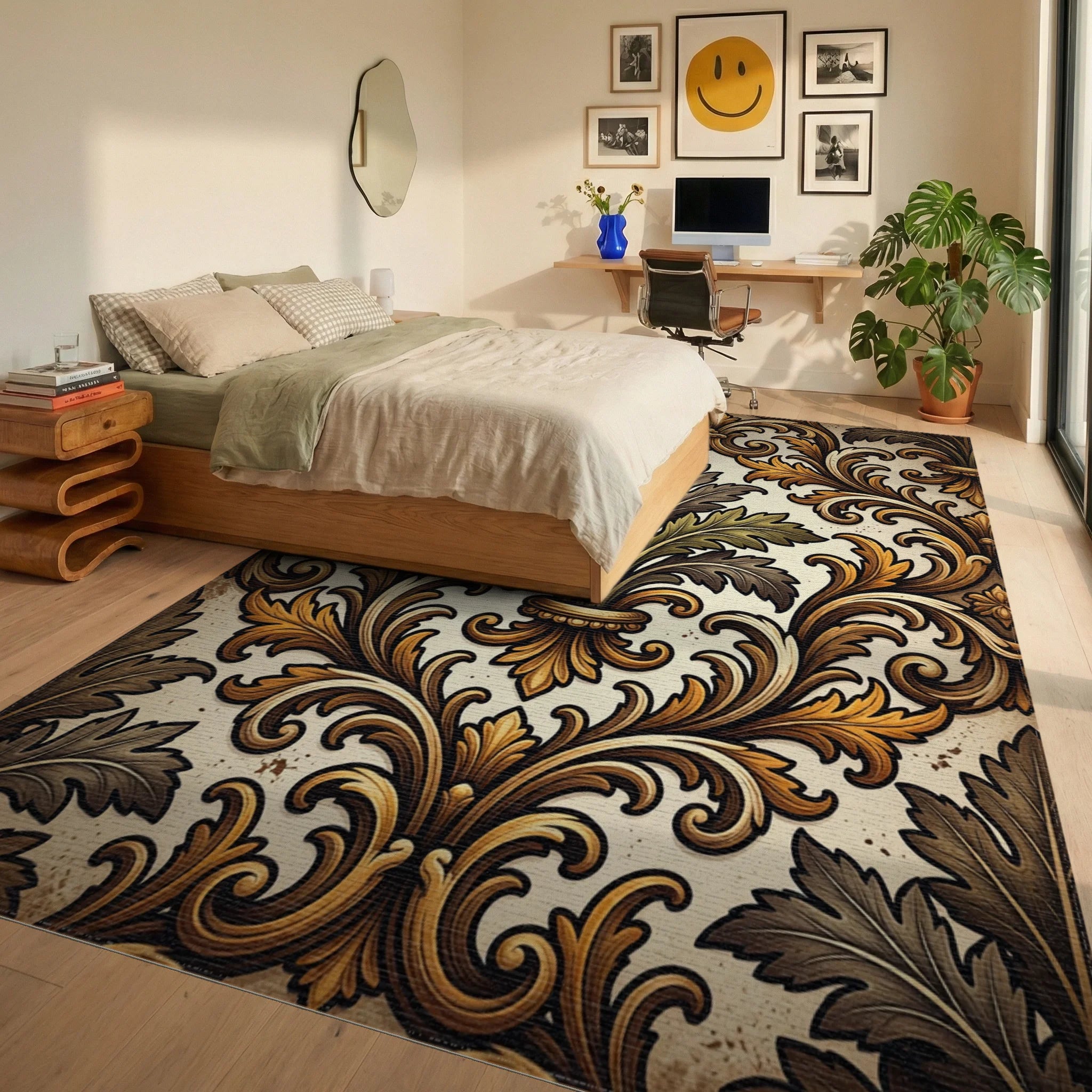 Ornate Gold Leaf Acanthus Scroll Rug Bedroom View