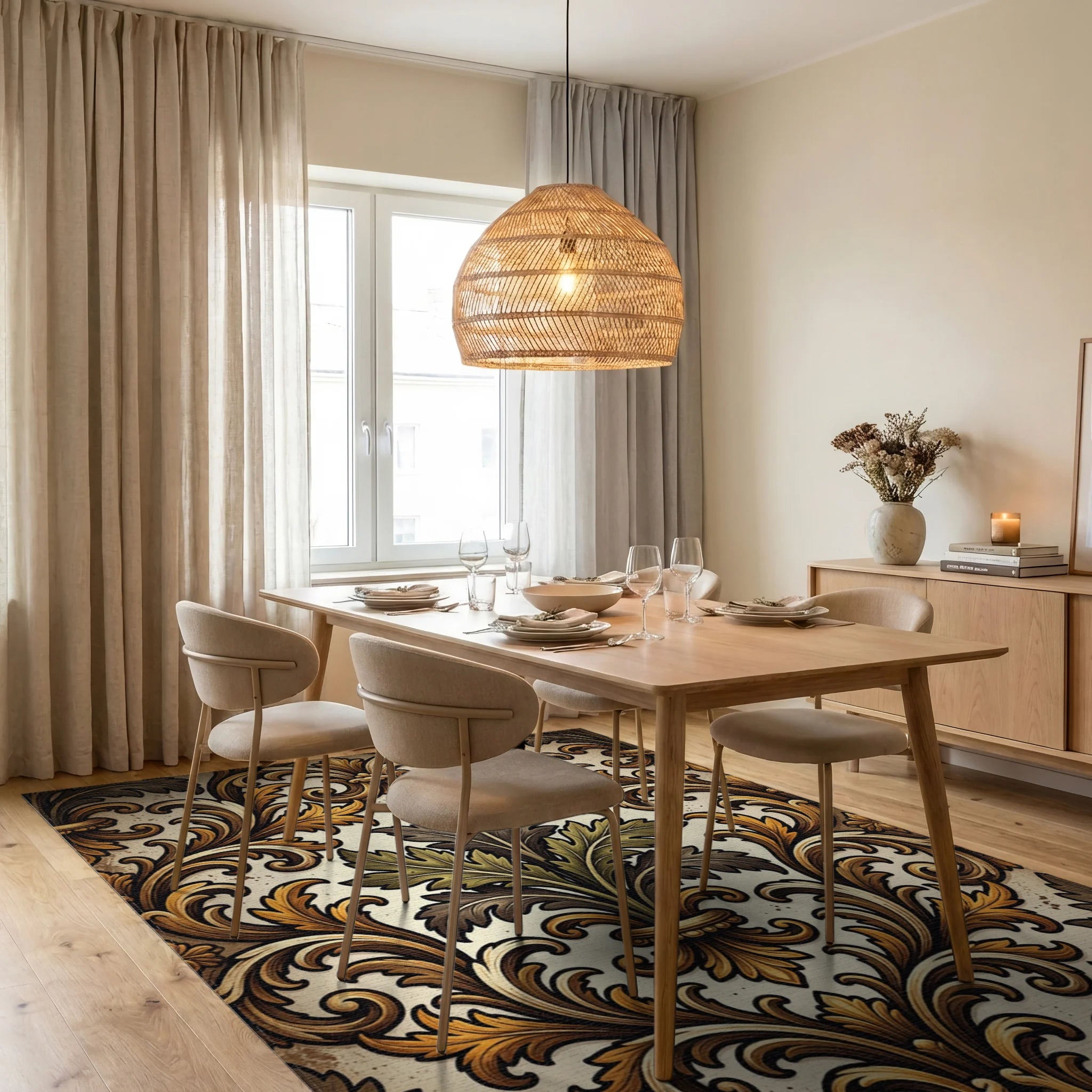 Ornate Gold Leaf Acanthus Scroll Rug Dining Room View