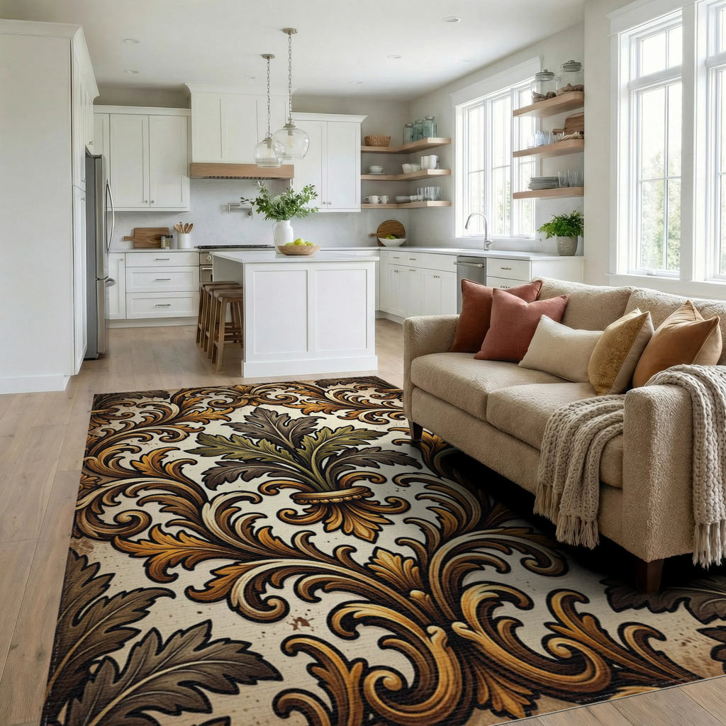 Ornate Gold Leaf Acanthus Scroll Rug Living Room View