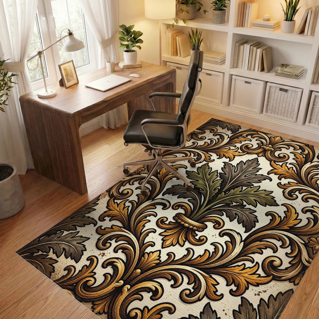 Ornate Gold Leaf Acanthus Scroll Rug Office View