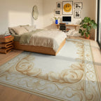 Ornate Gold Scroll Border Rug - Bedroom View