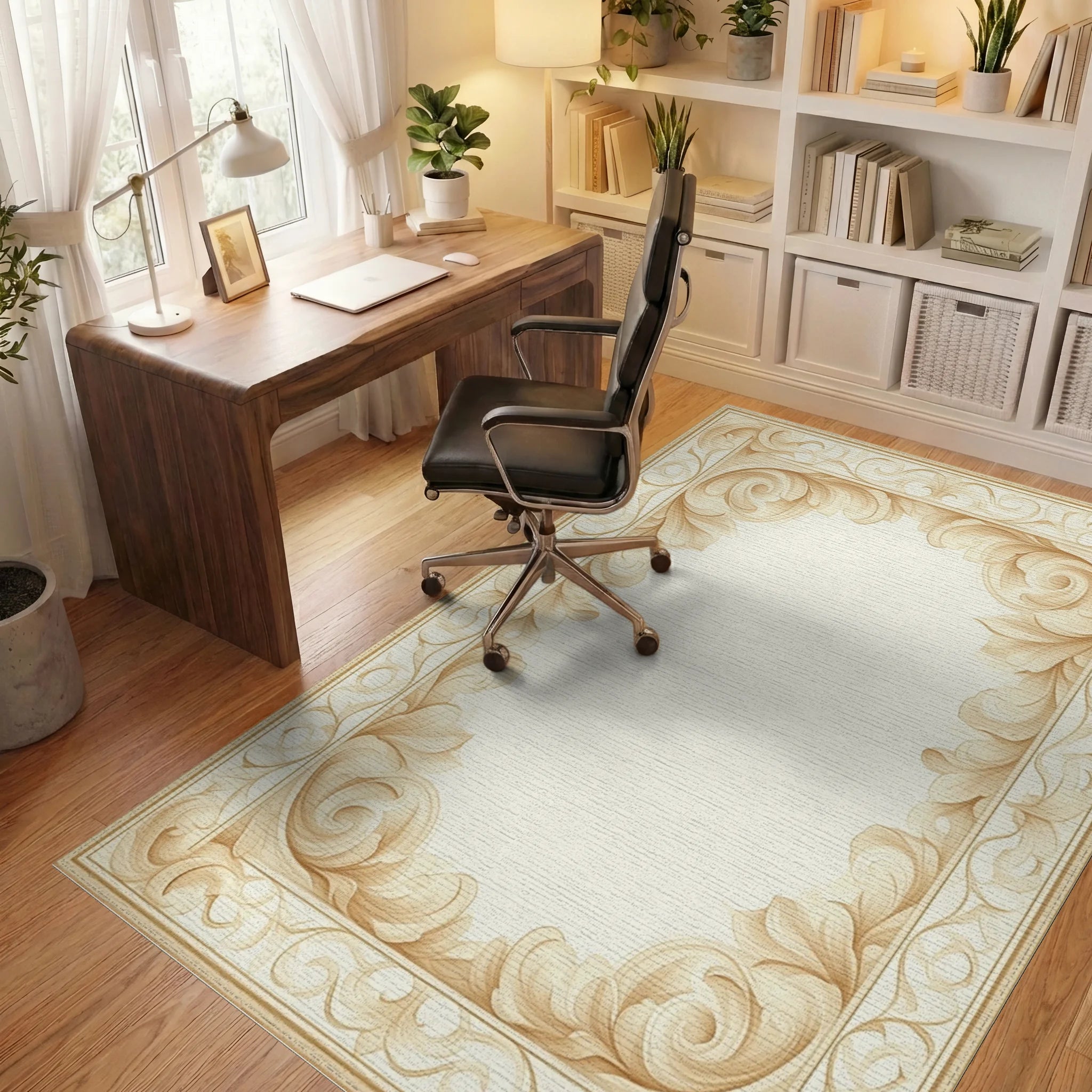 Ornate Gold Scroll Border Rug - Office View