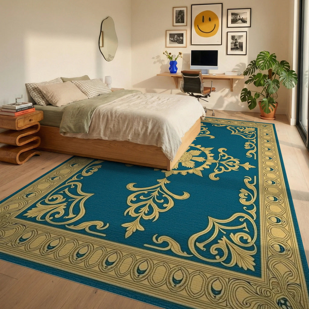 Ornate Golden Teal Scrollwork Rug - Bedroom View