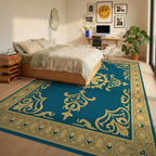 Ornate Golden Teal Scrollwork Rug - Bedroom View