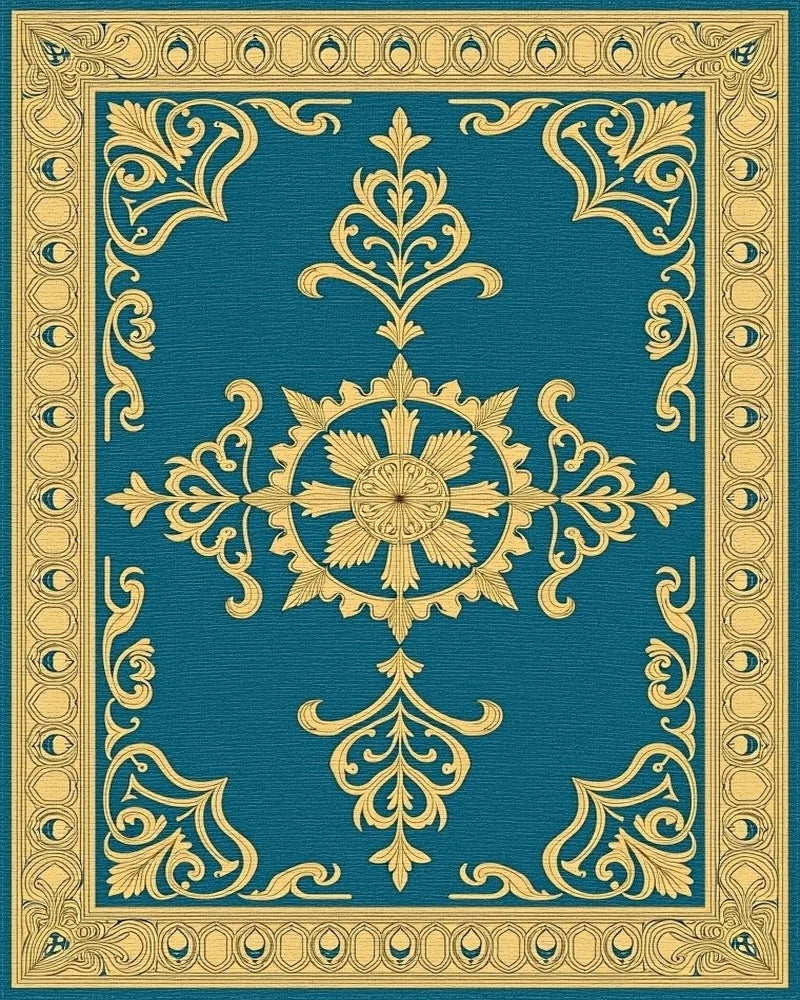 Ornate Golden Teal Scrollwork Rug - Cutout View