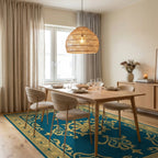 Ornate Golden Teal Scrollwork Rug - Dining Room View
