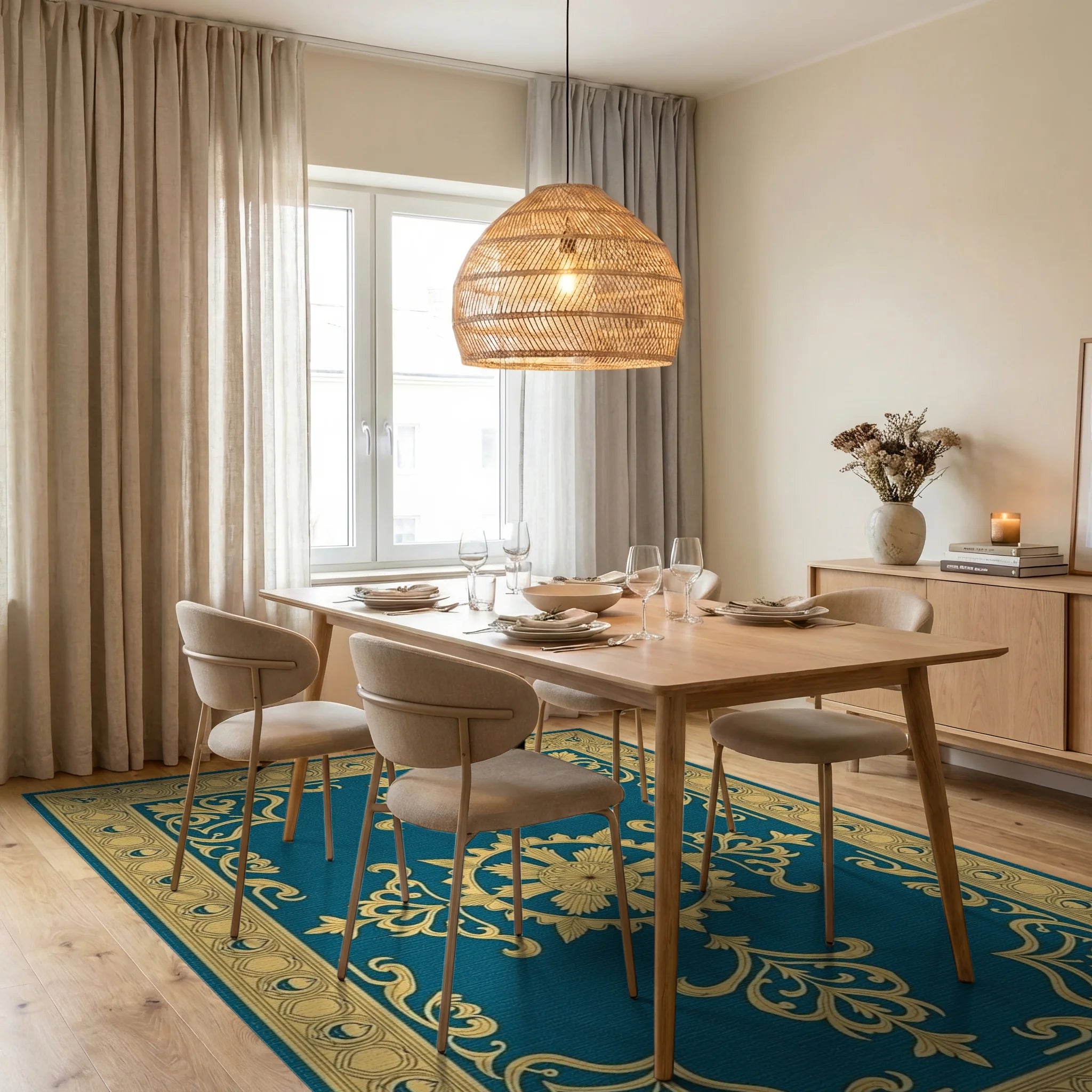Ornate Golden Teal Scrollwork Rug - Dining Room View