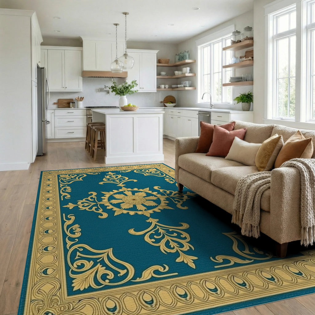 Ornate Golden Teal Scrollwork Rug - Living Room View