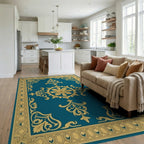 Ornate Golden Teal Scrollwork Rug - Living Room View