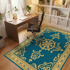 Ornate Golden Teal Scrollwork Rug - Office View