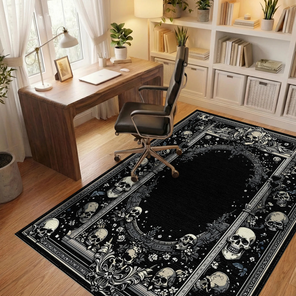 Ornate Gothic Skull Frame Rug - Office View