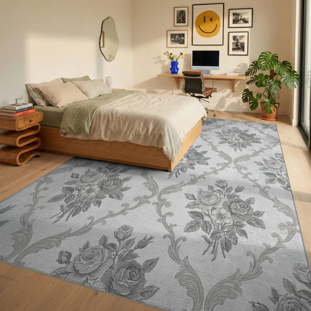 Ornate Gray Floral Damask Rug Bedroom View