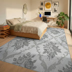 Ornate Gray Floral Damask Rug Bedroom View