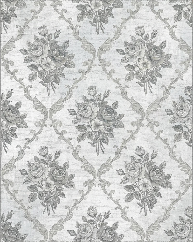 Ornate Gray Floral Damask Rug - Cutout View