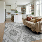 Ornate Gray Floral Damask Rug Living Room View