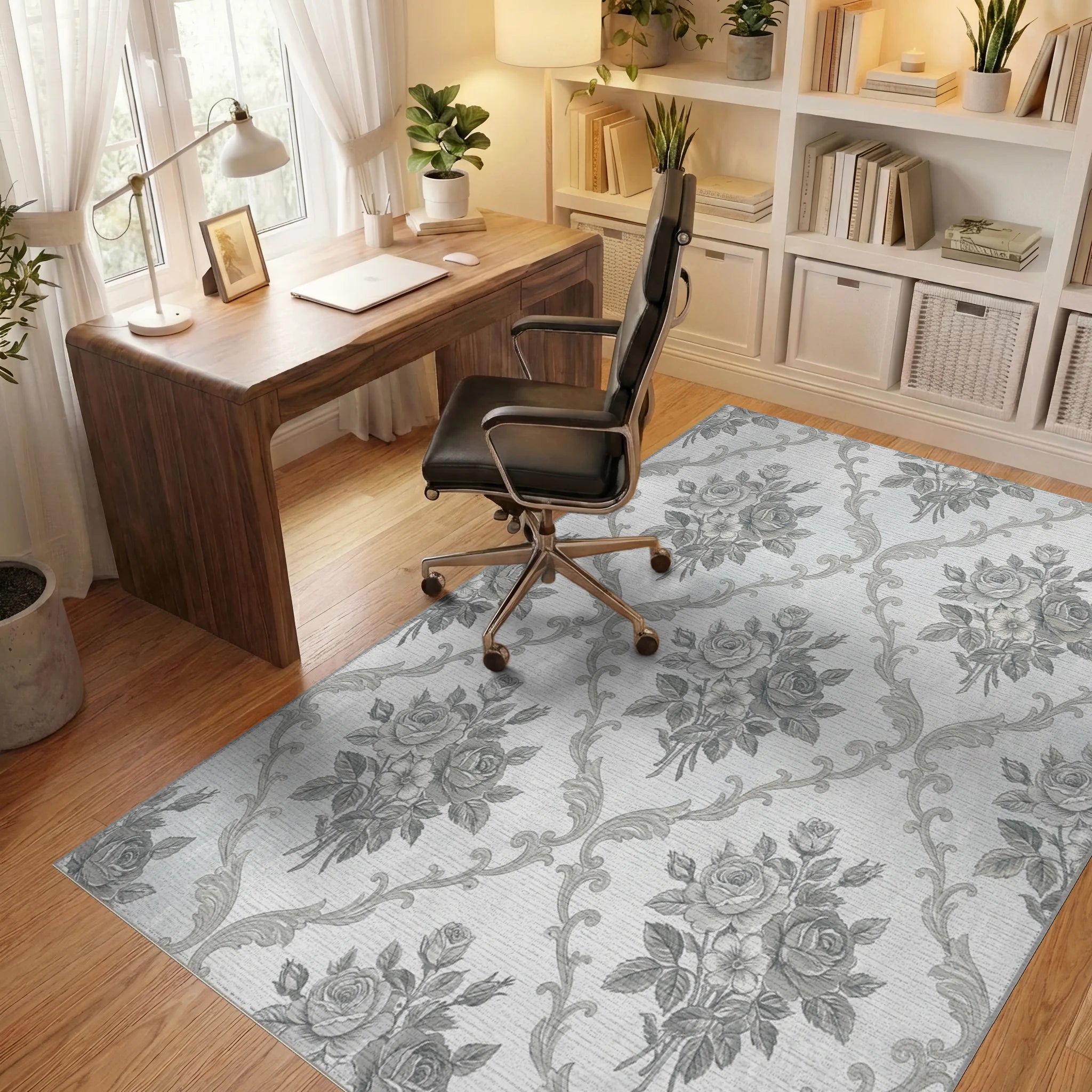 Ornate Gray Floral Damask Rug Office View