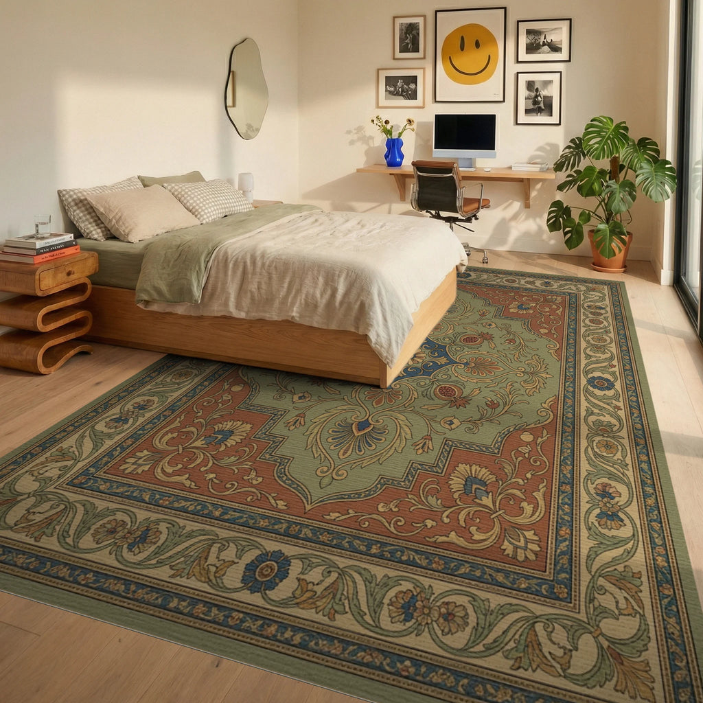 Ornate Green Floral Medallion Rug Bedroom View