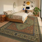 Ornate Green Floral Medallion Rug Bedroom View