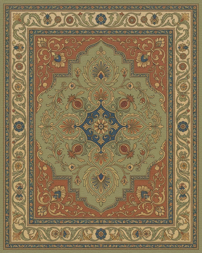 Ornate Green Floral Medallion Rug - Cutout View