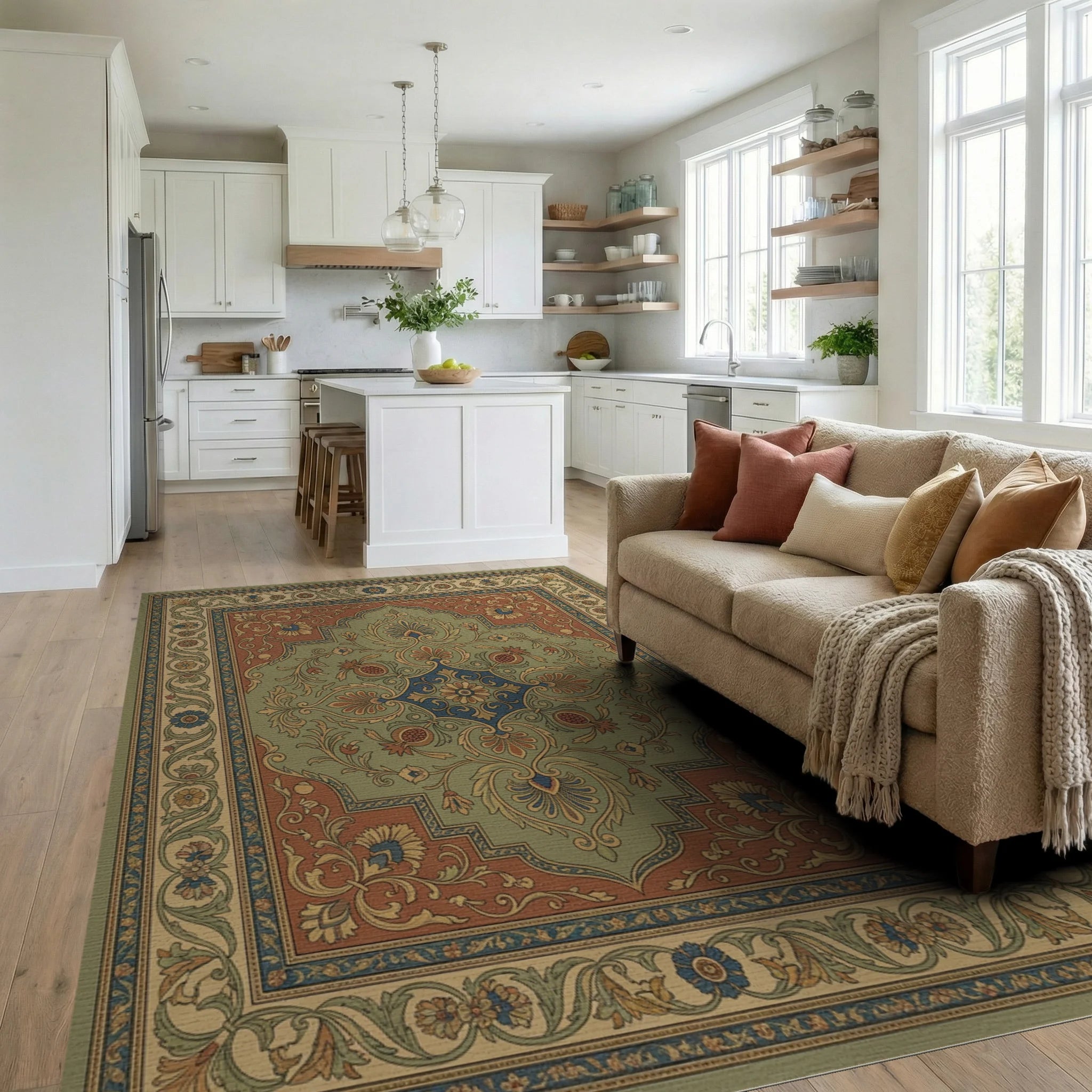 Ornate Green Floral Medallion Rug Living Room View