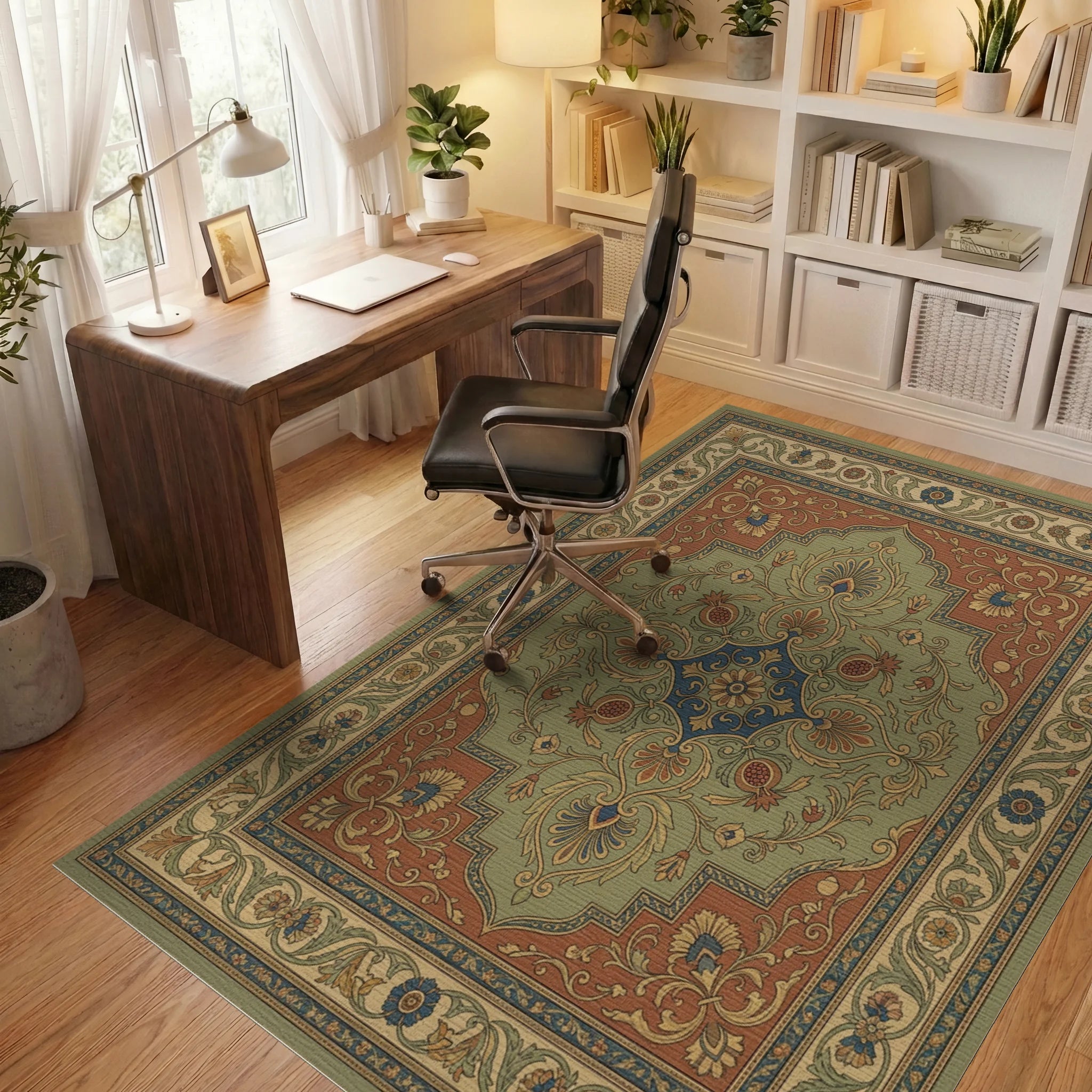 Ornate Green Floral Medallion Rug Office View