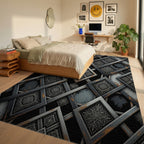 Ornate Interlocking Gray Square Medallions Rug - Bedroom View