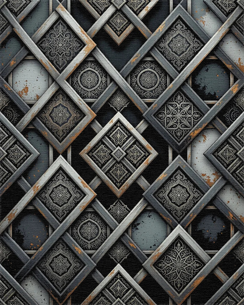 Ornate Interlocking Gray Square Medallions Rug - Cutout View