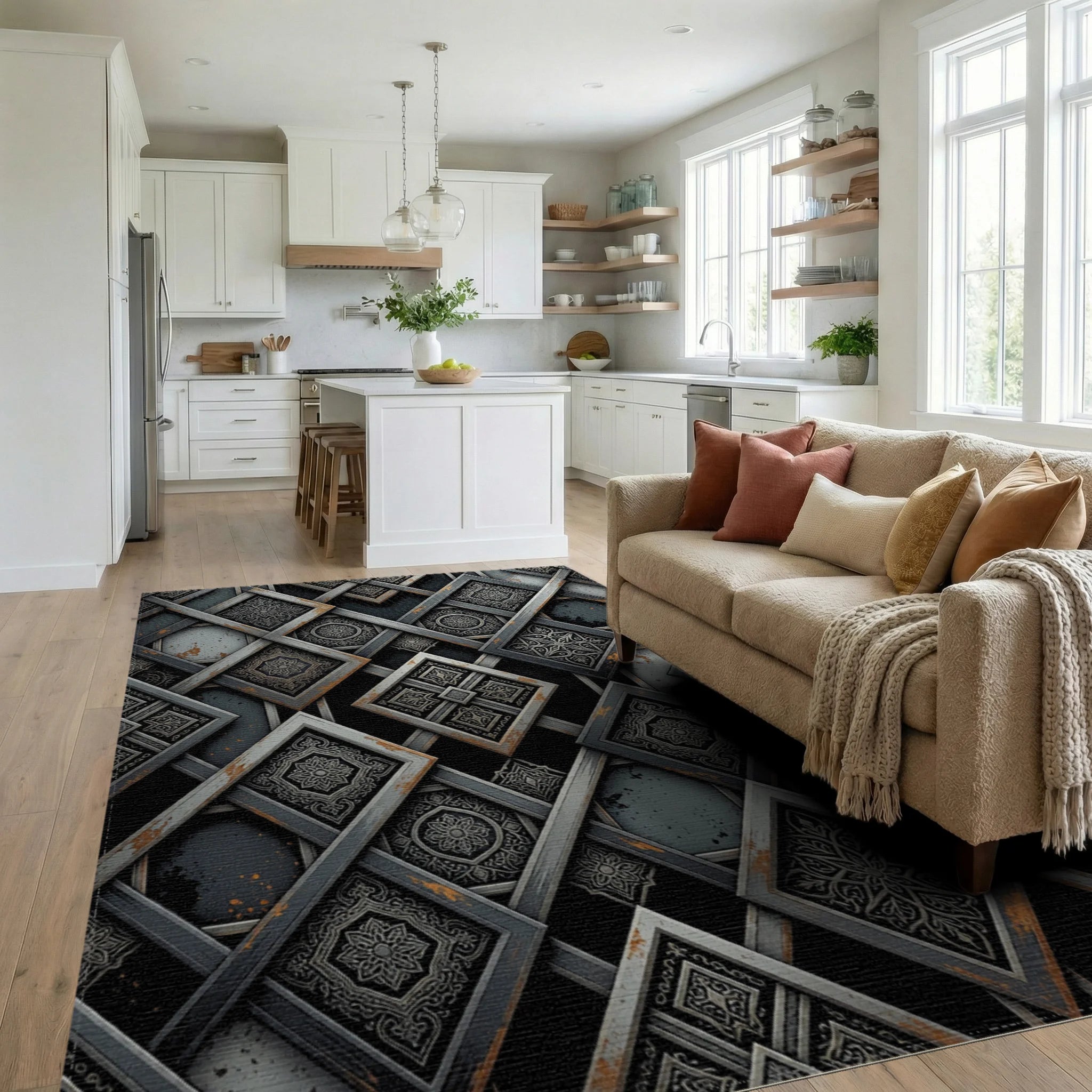 Ornate Interlocking Gray Square Medallions Rug - Living Room View
