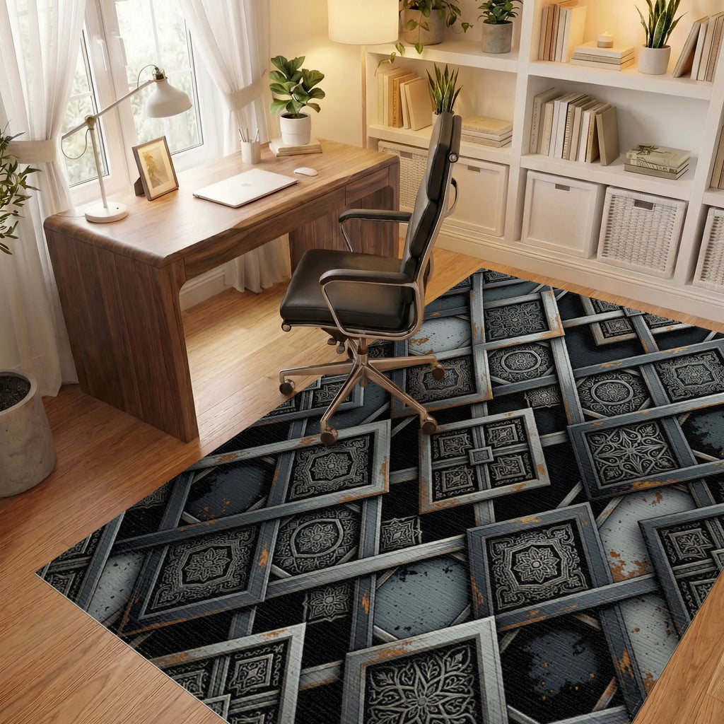Ornate Interlocking Gray Square Medallions Rug - Office View