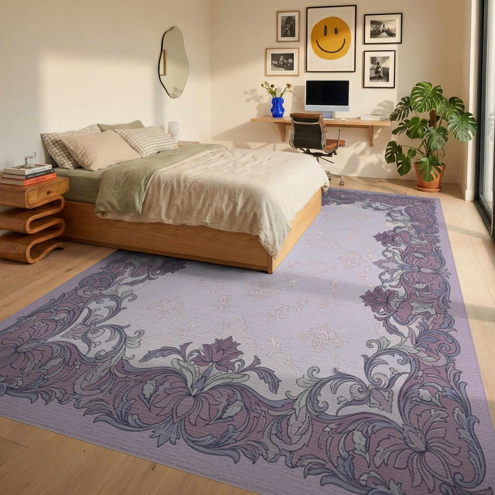 Ornate Lavender Floral Scrollwork Rug Bedroom View