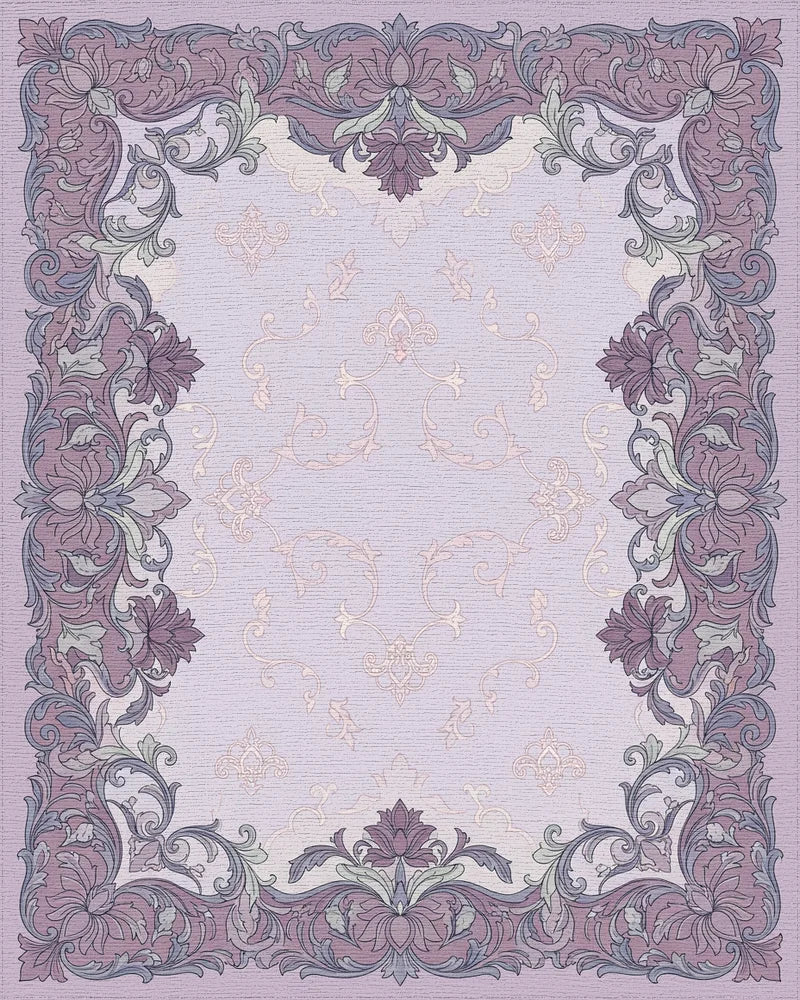 Ornate Lavender Floral Scrollwork Rug - Cutout View
