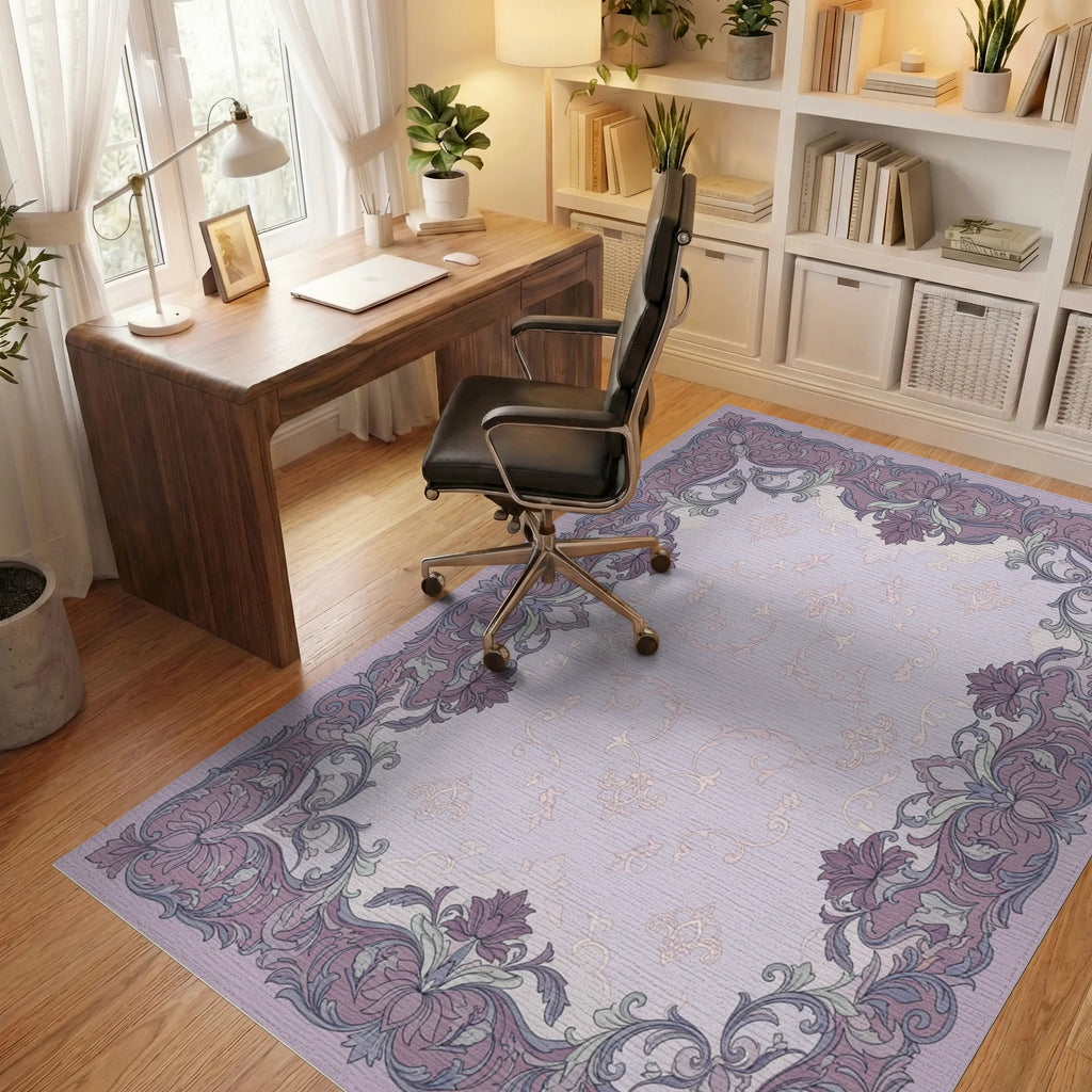 Ornate Lavender Floral Scrollwork Rug Office View