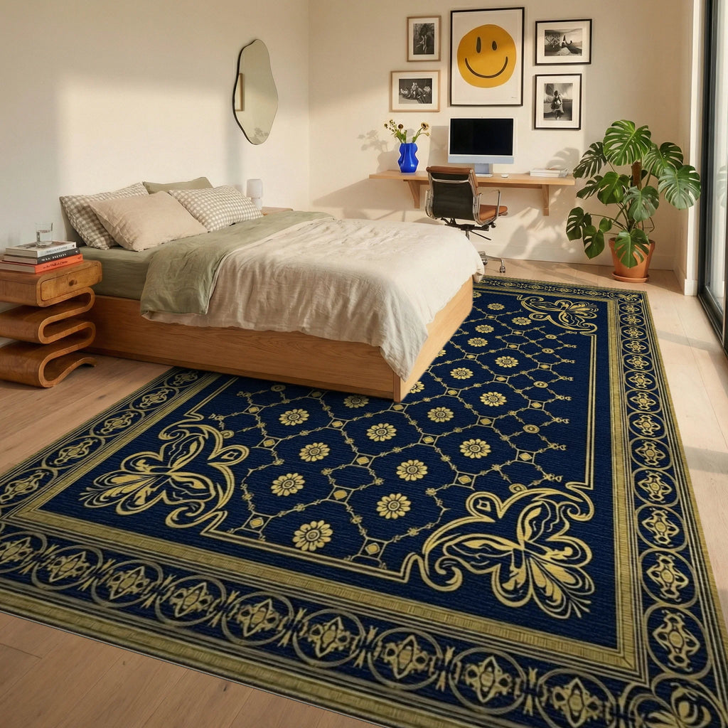 Ornate Navy Golden Fleur-de-lis Rug - Bedroom View