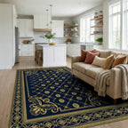 Ornate Navy Golden Fleur-de-lis Rug - Living Room View