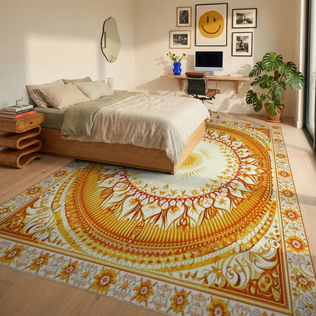 Ornate Orange Mandala Floral Rug - Bedroom View