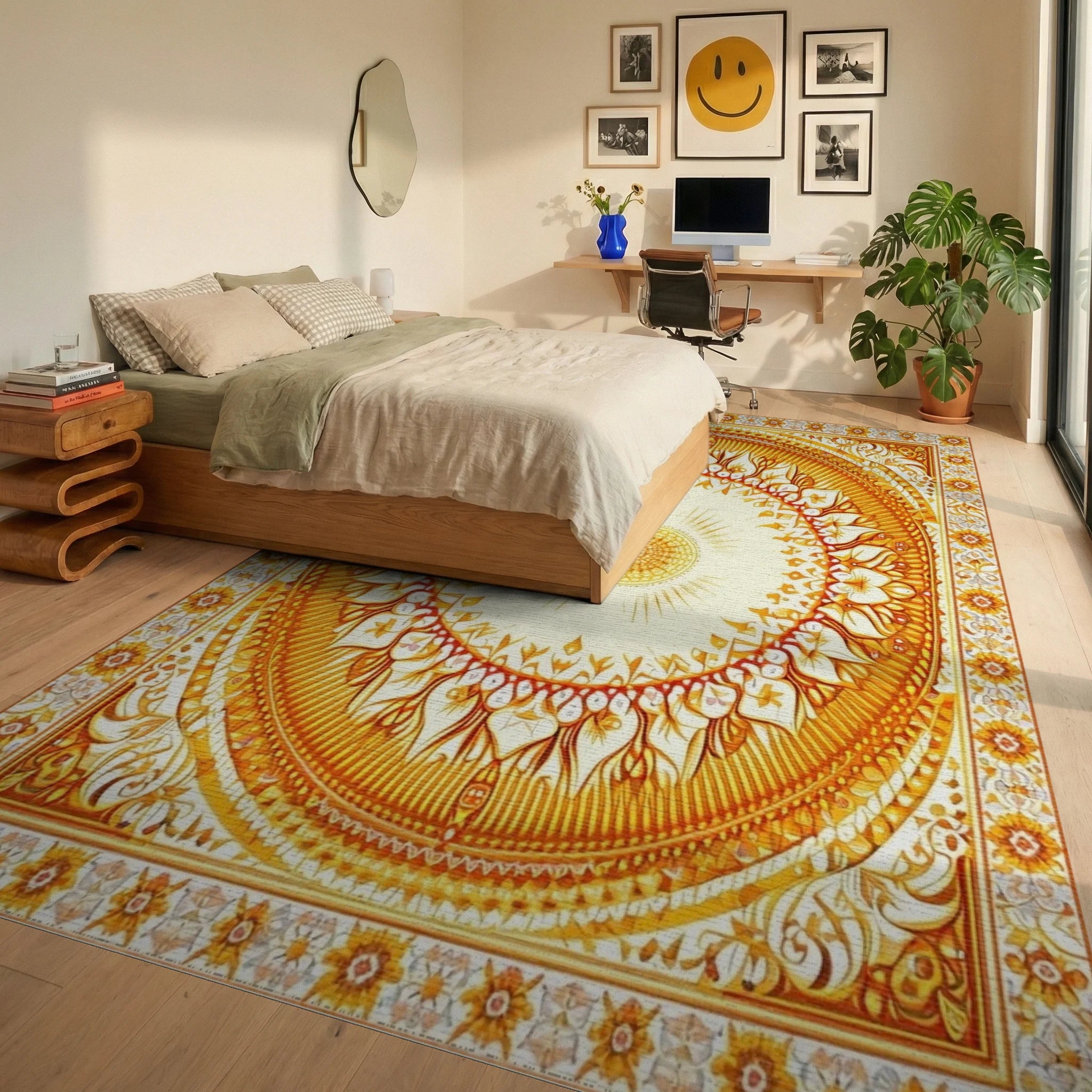 Ornate Orange Mandala Floral Rug - Bedroom View