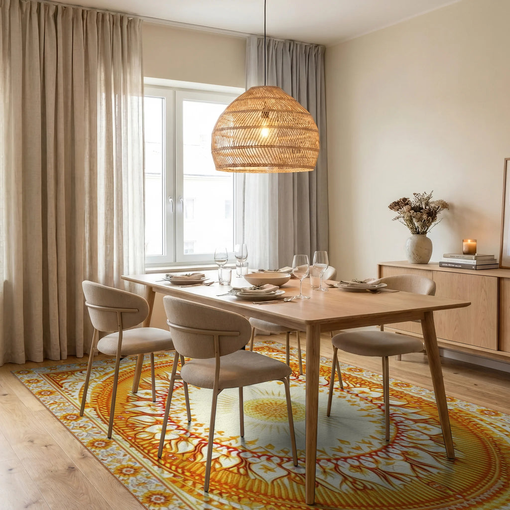 Ornate Orange Mandala Floral Rug - Dining Room View