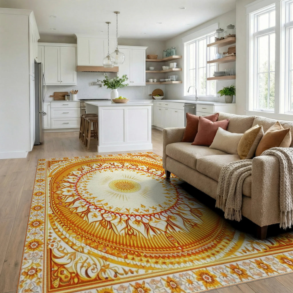 Ornate Orange Mandala Floral Rug - Living Room View