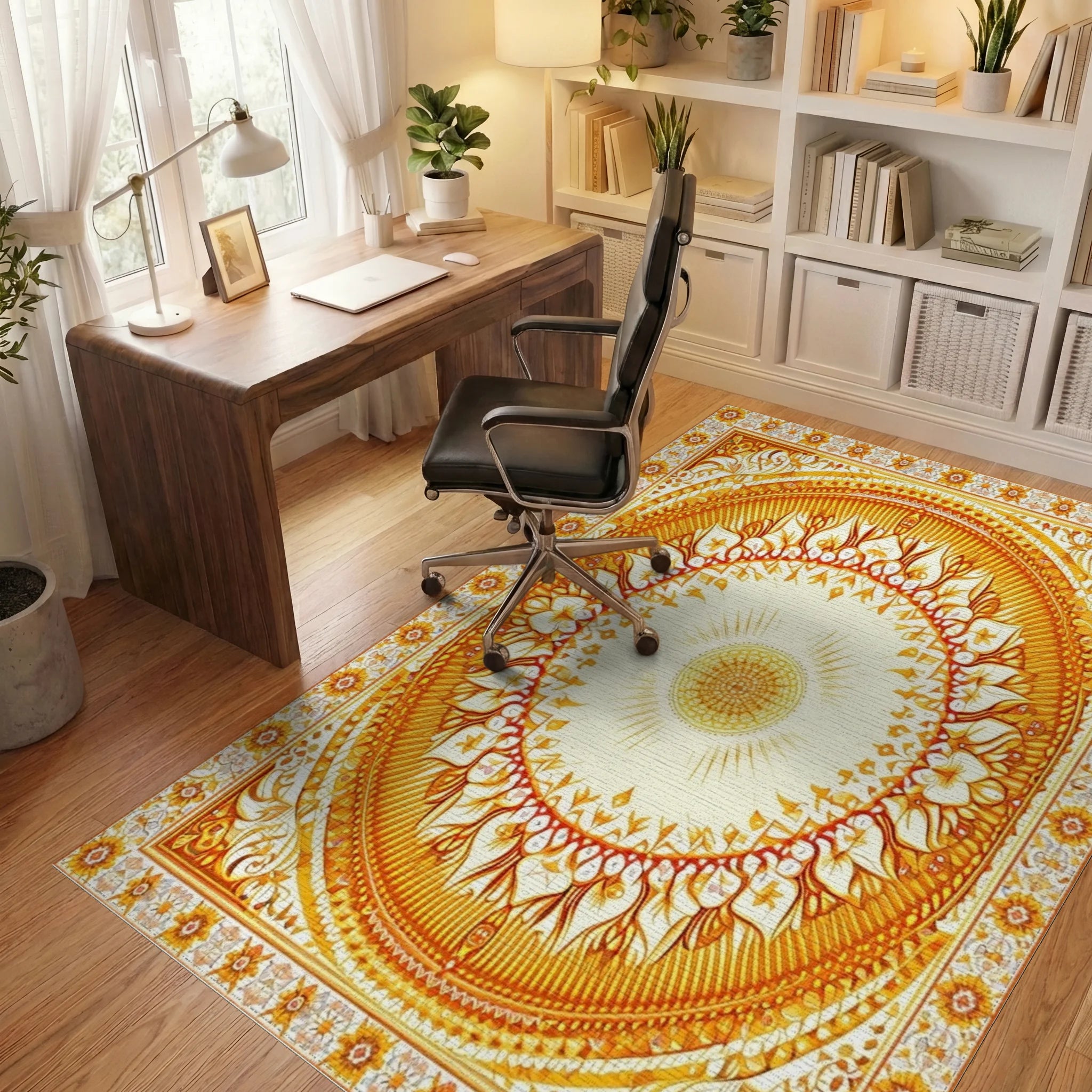 Ornate Orange Mandala Floral Rug - Office View