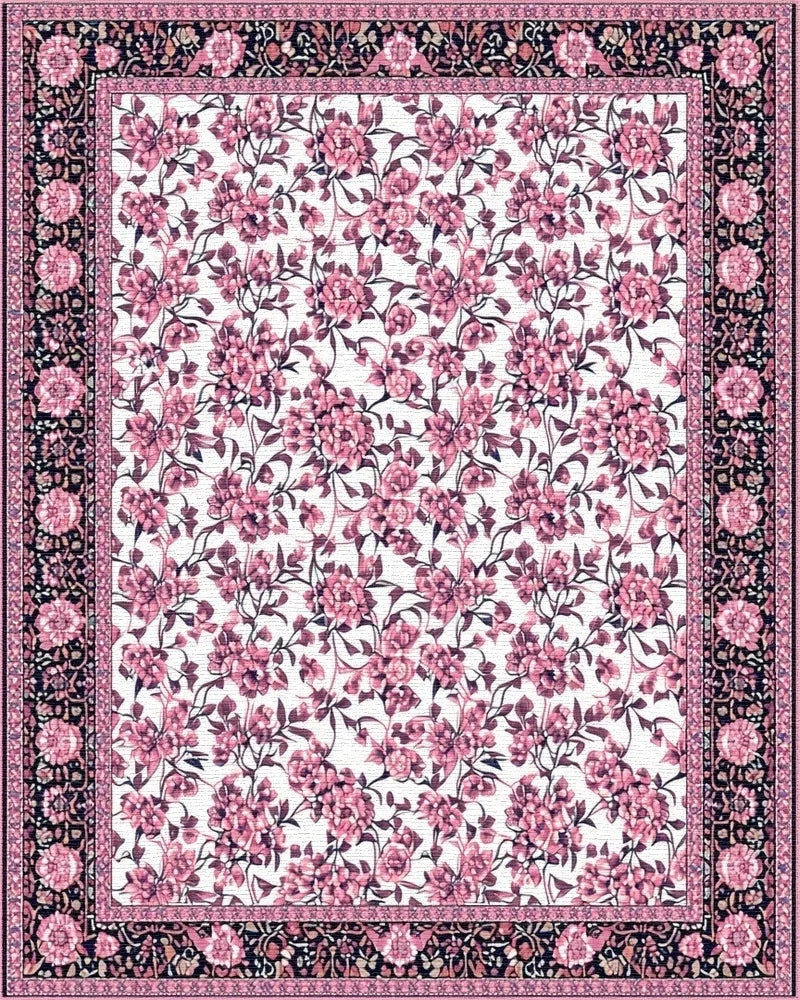 Ornate Pink Floral Black Border Rug - Cutout View