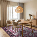 Ornate Pink Floral Black Border Rug - Dining Room View