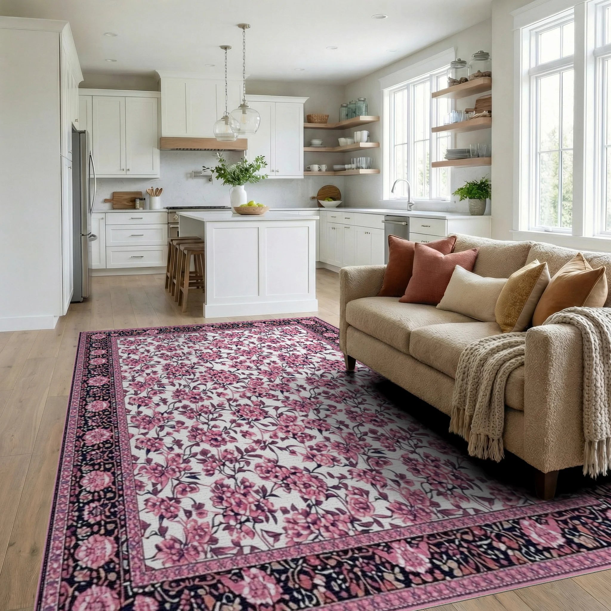 Ornate Pink Floral Black Border Rug - Living Room View