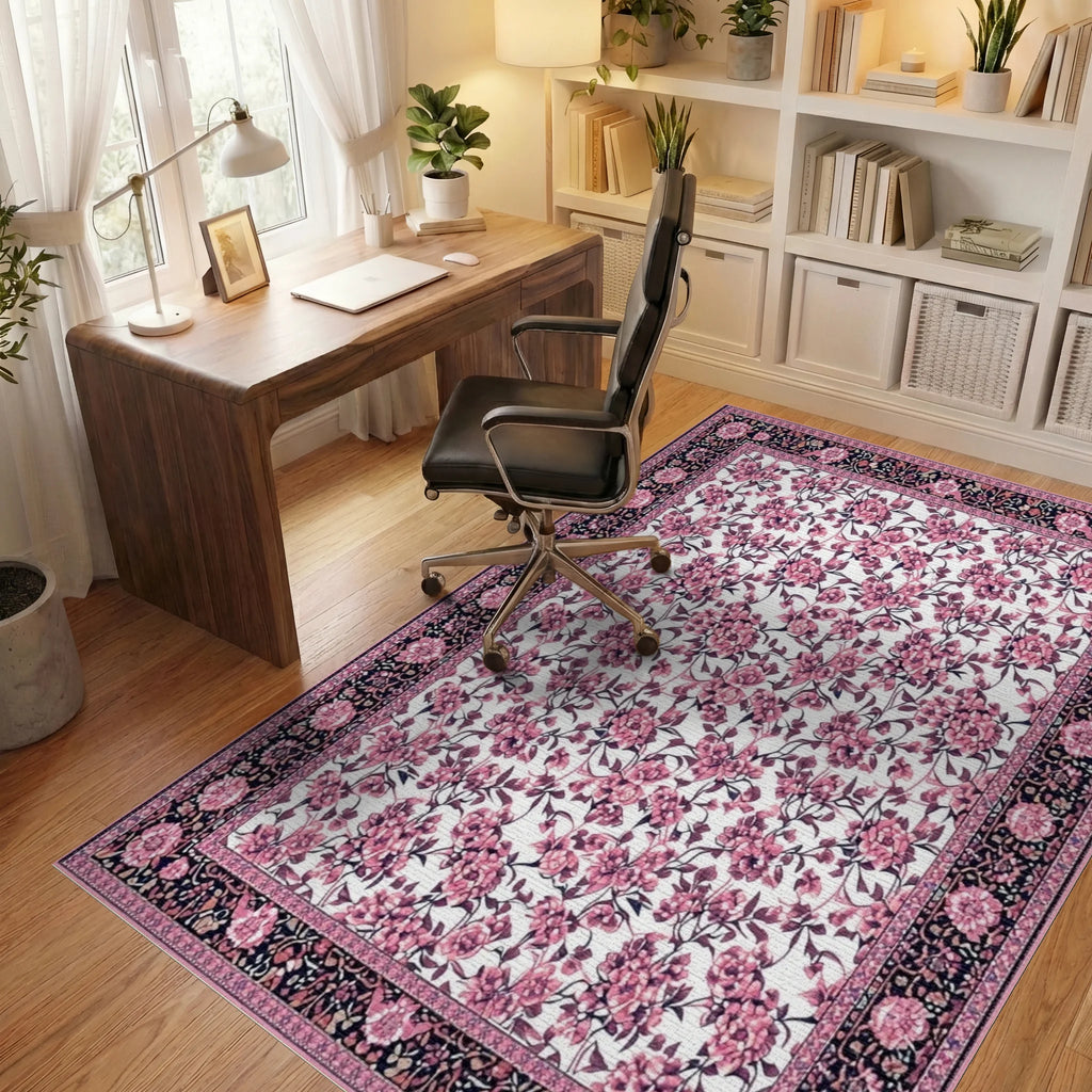 Ornate Pink Floral Black Border Rug - Office View