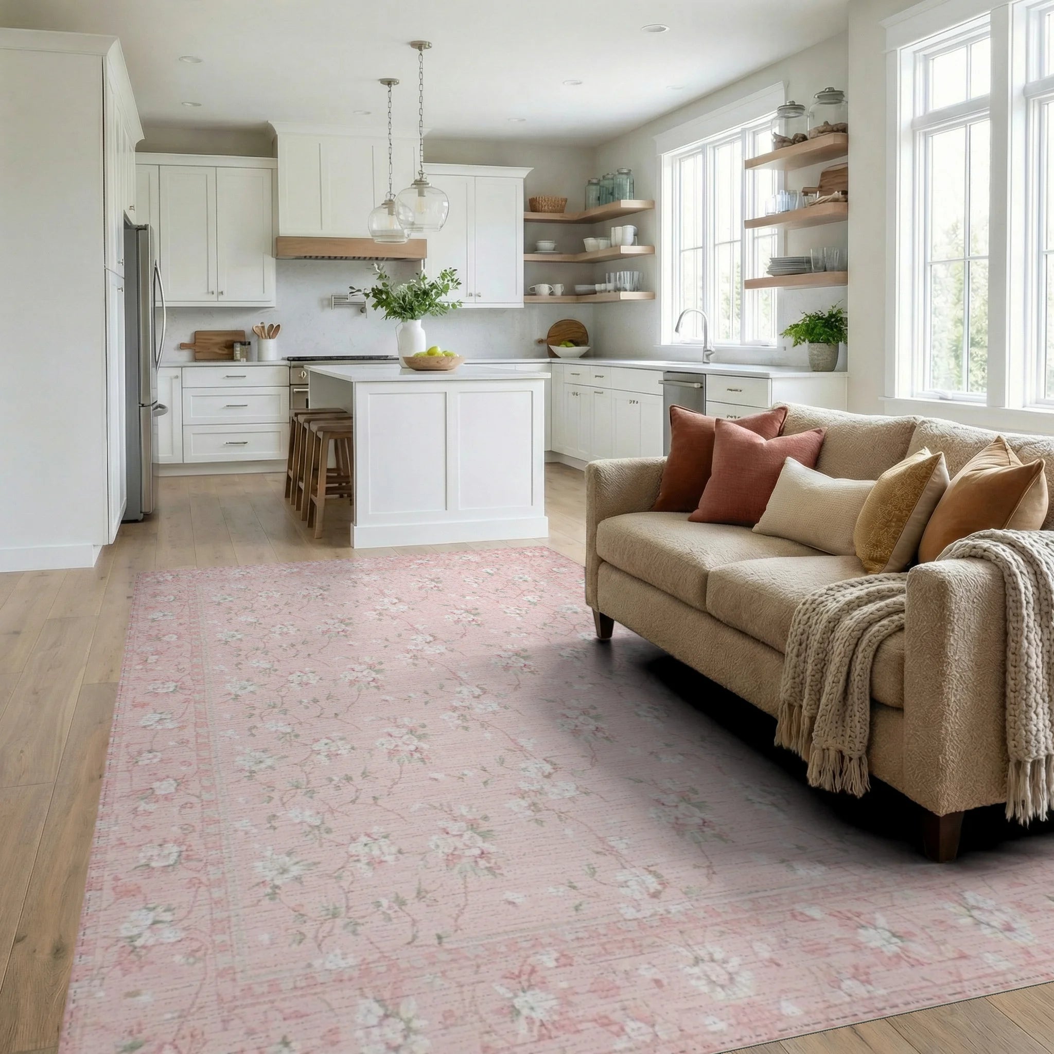 Ornate Pink Floral Garden Rug - Living Room View