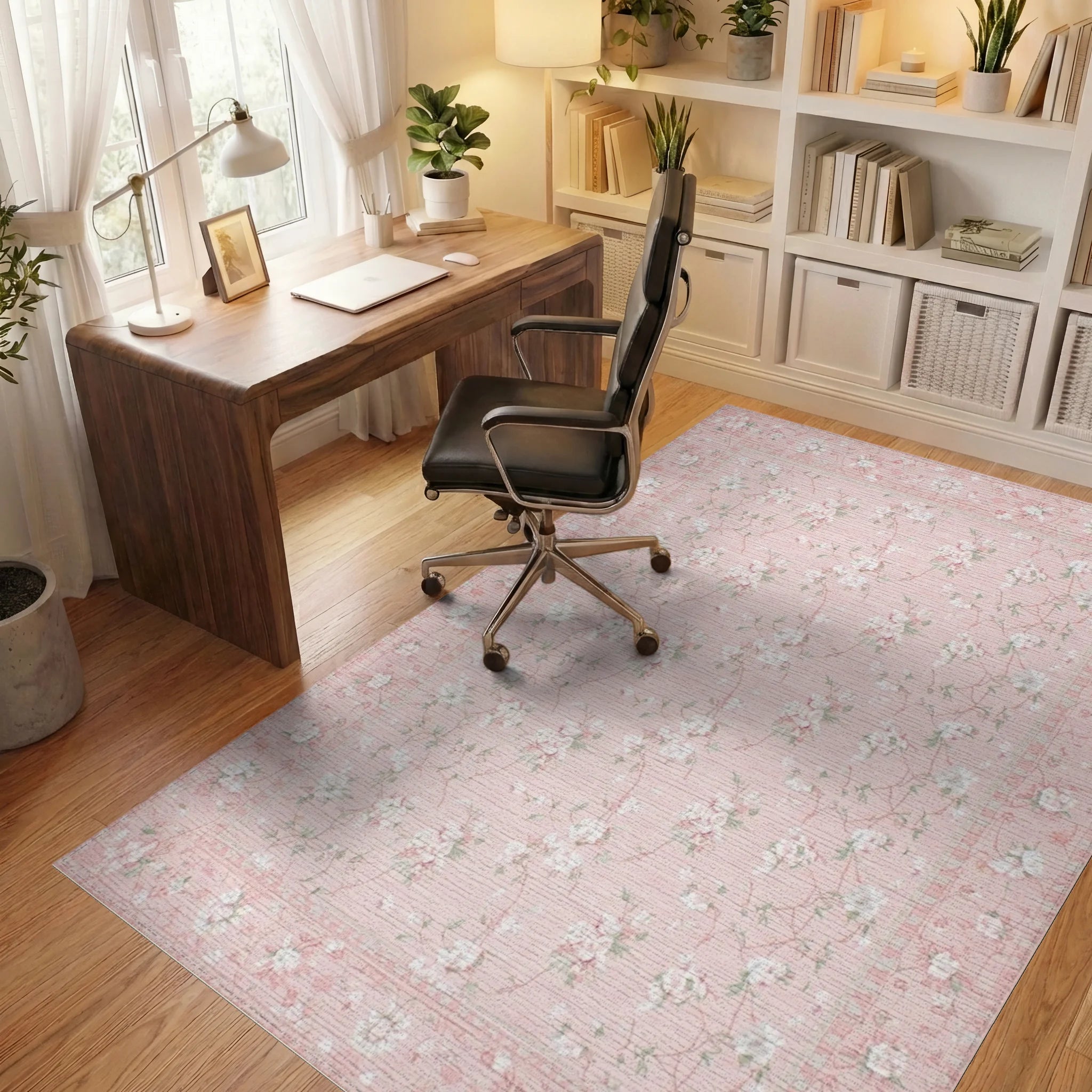 Ornate Pink Floral Garden Rug - Office View